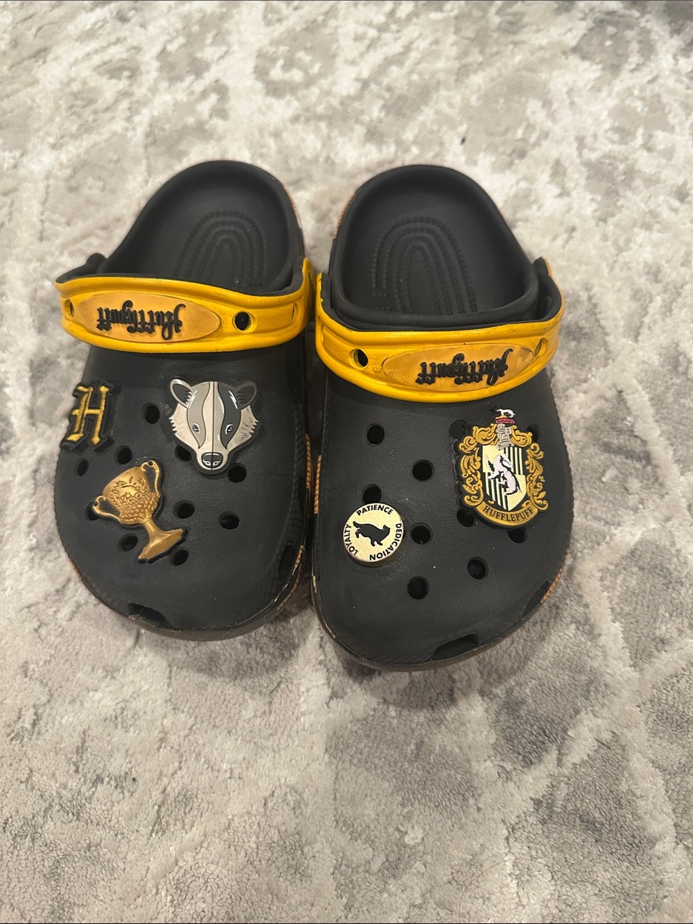 CROCS Harry Potter Kids Black Clog Sandals with Yellow Straps and Fun Charms